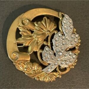 Vintage Art Nouveau Brooch Brass and Steel Cut Floral Statement Pin Jewelry
